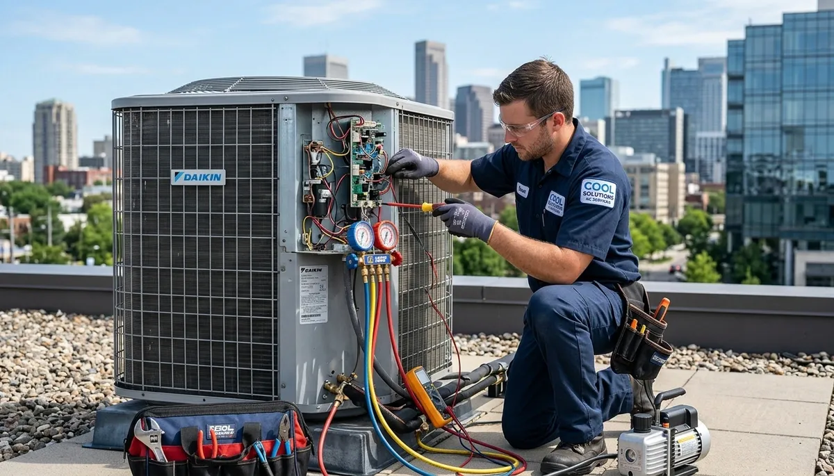 Technician performing AC repair service in San Jose, CA for Five Star Cooling