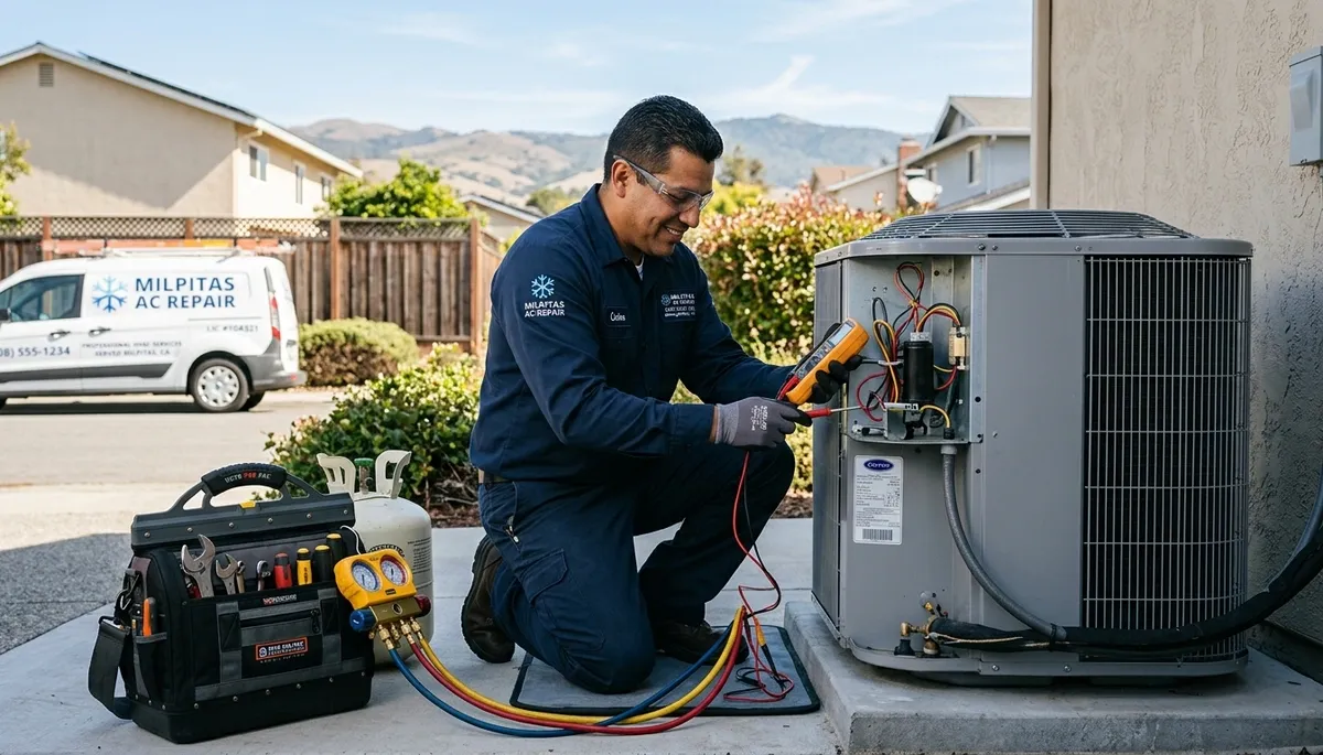 Professional AC repair technician servicing air conditioner unit in San Jose, CA home