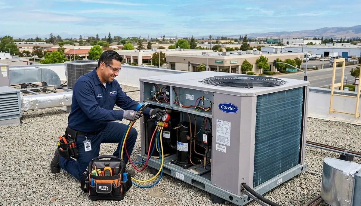 Professional AC repair technician servicing air conditioner in San Jose, CA home