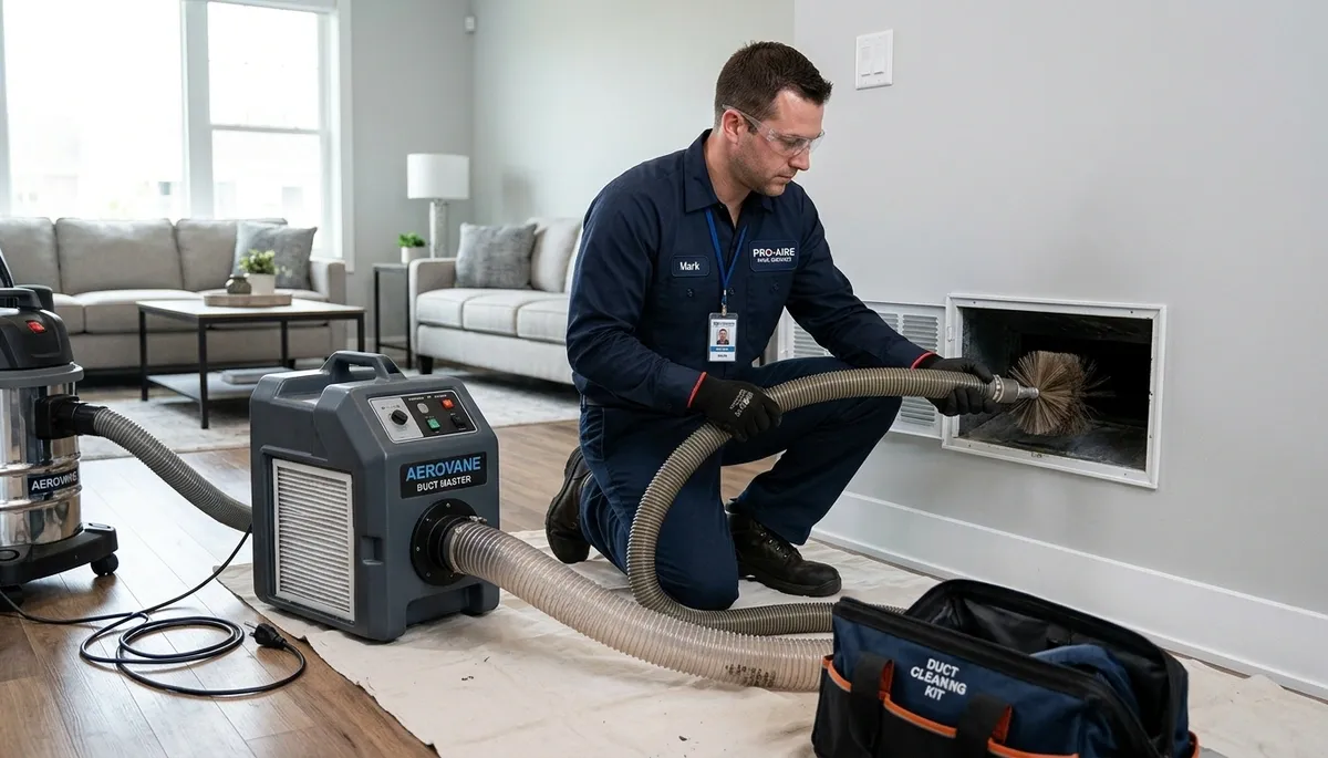 Technician performing air duct cleaning for HVAC system in San Jose, CA home