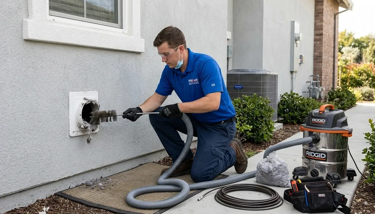 Technician performing professional dryer vent cleaning in San Jose, CA for improved home safety