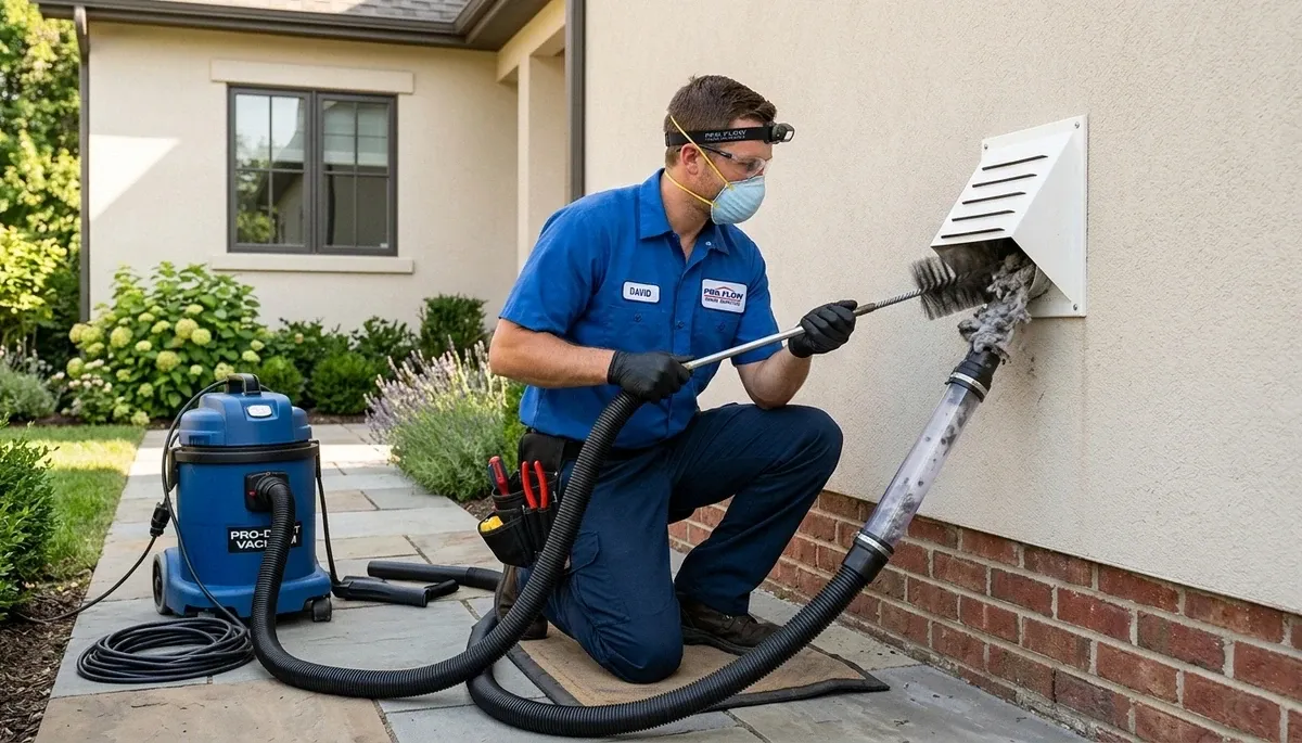 Technician performing professional dryer vent cleaning in San Jose, CA for Five Star Cooling