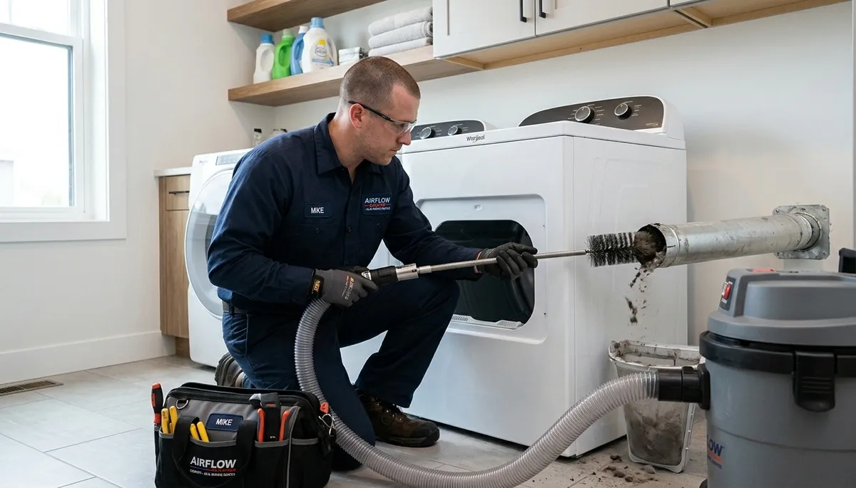 Technician cleaning dryer vent for home safety in San Jose, CA by Five Star Cooling