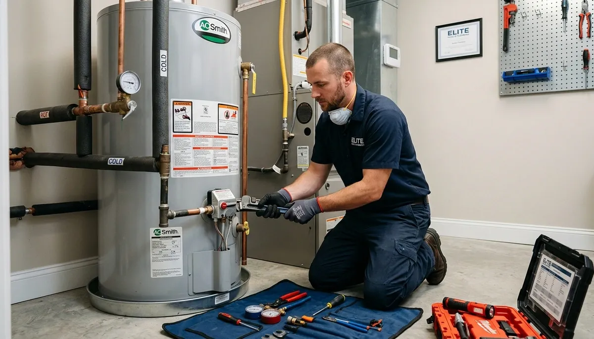 Technician performing water heater repair in San Jose, CA for Five Star Cooling customers
